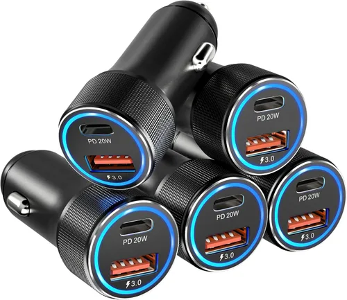 Cargador de coche USB C, paquete de 5, 36 W, doble puerto PD&QC 3.0, carga rápida, 12 V, cargador de coche, adaptador de encendedor de cigarrillos