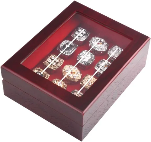 Miniatura 5 de JunningGor 12 Agujeros Campeonato Big Heavy Ring Display Case Joyero de madera Terciopelo Rojo Interior (Rojo)