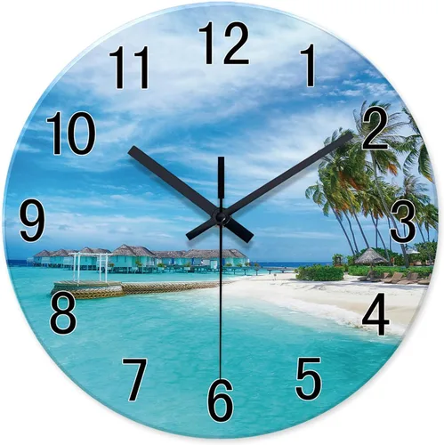 Miniatura 12 de XFM Reloj de pared de playa, silencioso, sin tictac, funciona con pilas, reloj de pared de 12 pulgadas con palmera tropical azul océano azul Blue7
