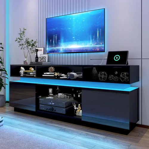 chartustriable Soporte de TV LED para TV de 80 pulgadas, centro de entretenimiento alto moderno con tomas de corriente, soporte de TV de alto