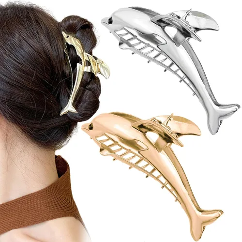 2 pinzas de metal para el pelo de delfín para mujer, pinzas antideslizantes de sujeción fuerte, elegantes pasadores de mandíbula para cabello grueso