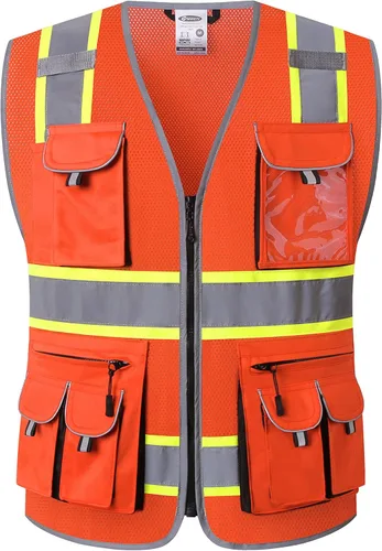 Miniatura 7 de JKSafety Chaleco de seguridad con 10 bolsillos, clase 2, de alta visibilidad, con cremallera frontal amarilla, con tiras reflectantes, cumple