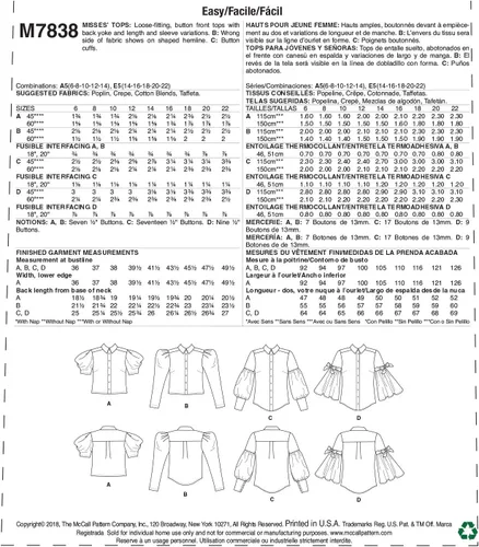 Miniatura 2 de McCall's M7838A5 Blusa holgada con botones para mujer, patrones de costura, tallas 6-14