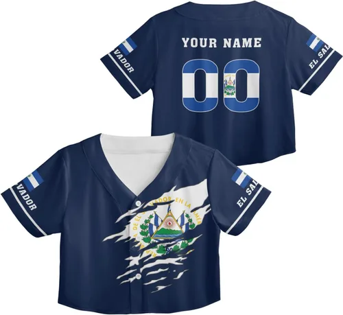 Custom El Salvador Crop Top Baseball Jersey Camisa Salvadoreña Salvadoreña Camisa para Mujer Camisas De El Salvador para Mujer Blc9