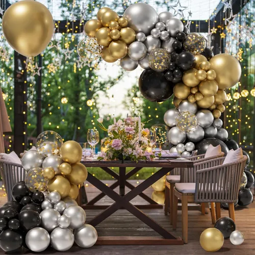 Miniatura 2 de Kit de guirnalda de arco de globos de Año Nuevo, suministros para fiesta de Año Nuevo 2025, globos negros, dorados y plateados, globos de confeti