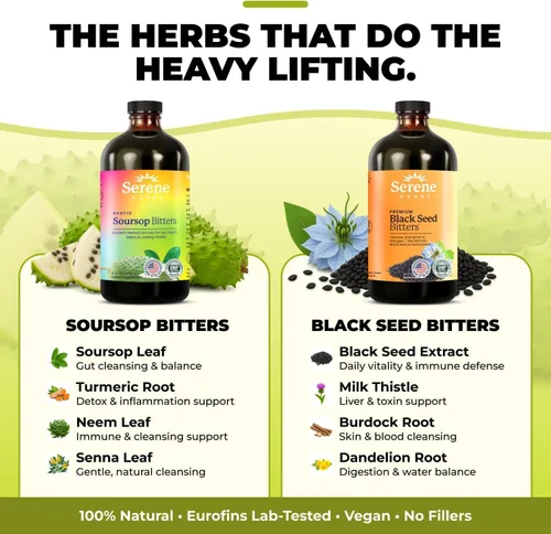 Miniatura 4 de Serene Herbs Paquete de líquido amargo de guanábana y semillas negras – Guanábana herbal orgánica para apoyo digestivo y salud inmunológica