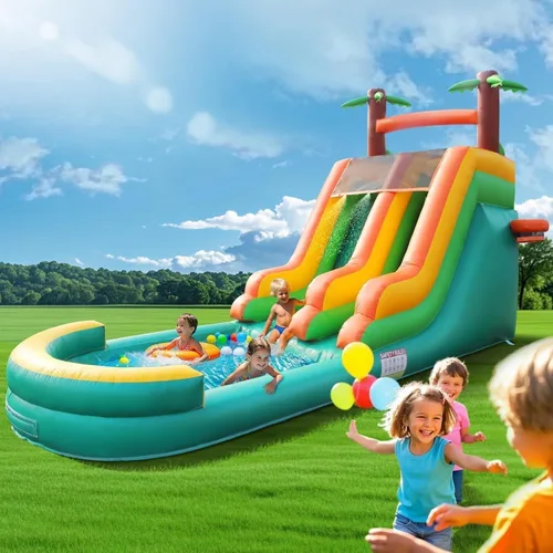 Miniatura 9 de Tobogán acuático inflable para adultos, tobogán acuático 100% de PVC de 21 pies con piscina grande, tobogán ancho con piscina poco profunda