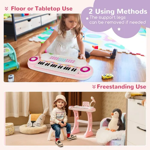 Miniatura 5 de Costzon Piano de teclado de juguete para niños de 37 teclas con patas desmontables, banco, partitura de música, luz flash, canciones MP3 integradas