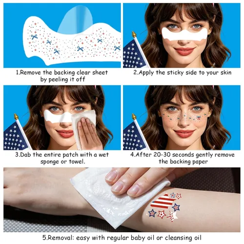 Miniatura 8 de 28 Pairs 250th Anniversary Face Makeup Patches, 4th of July Independence Day Eyeliner Stickers Decals American Flag Stars Bowknot Temporary Tattoo