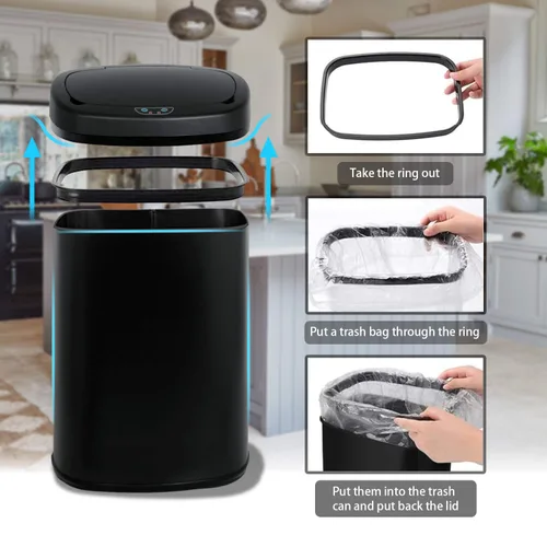 Miniatura 4 de HCY Basurero de cocina automático de 13 galones de acero inoxidable con tapa, inteligente para cocina, oficina, sala de estar, baño (negro)
