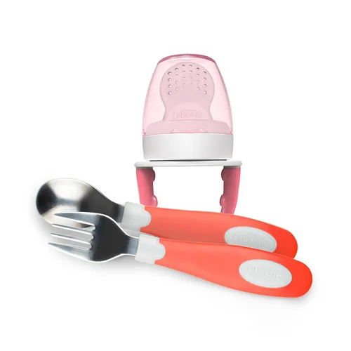 Dr. Brown's Diseñado para nutrir, alimentador de silicona Fresh Firsts, rosa con cuchara y tenedor de agarre suave, color coral