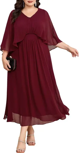 Hanna Nikole Vestido de fiesta de noche de gasa con cuello en V para mujer, talla grande, manga capa, maxi vestidos para invitados de boda