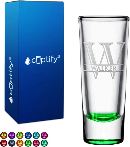 Miniatura 45 de Vaso de chupito personalizado con fondo verde azulado personalizado de 2 oz, vasos de chupito cordial con inicial en script dividido y nombre