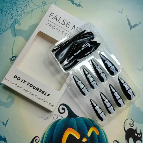 Miniatura 4 de 24 uñas postizas largas a presión de Halloween, con diseño de huesos góticos, uñas postizas acrílicas de almendra, hueso de dedo, cobertura