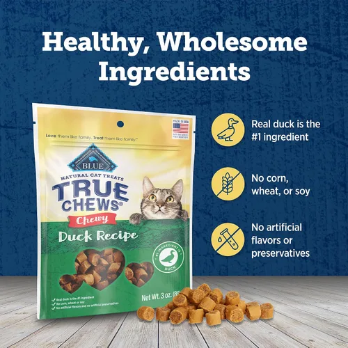 Miniatura 7 de Blue Buffalo True Chews - Golosinas masticables naturales para gatos, hechas en los Estados Unidos, receta de pato, bolsa resellable de 3 onzas