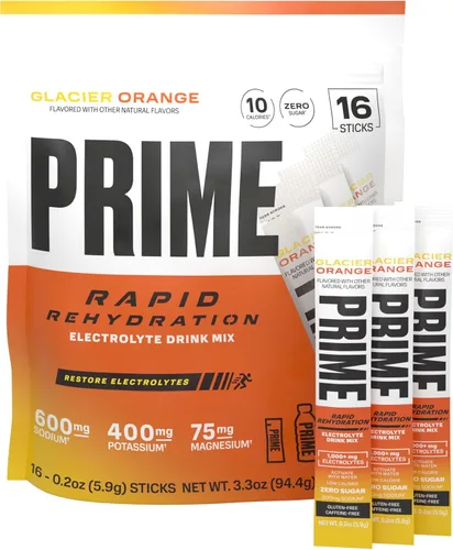 PRIME - Palitos de electrolitos en polvo de rehidratación rápida, naranja glaciar, mezcla de bebida de hidratación sin azúcar con vitaminas de