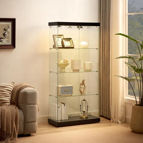 Miniatura 20 de Vitrina de cristal con luces LED y cerradura, vitrina Curio de 4 niveles con puerta de cristal, estantería de pie para sala de estar, dormitorio