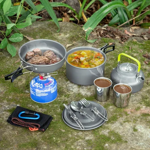 Miniatura 2 de Odoland Kit de utensilios de cocina para camping, olla ligera con 2 tazas, kit de cuchara de tenedor de acero inoxidable, gris para mochileros