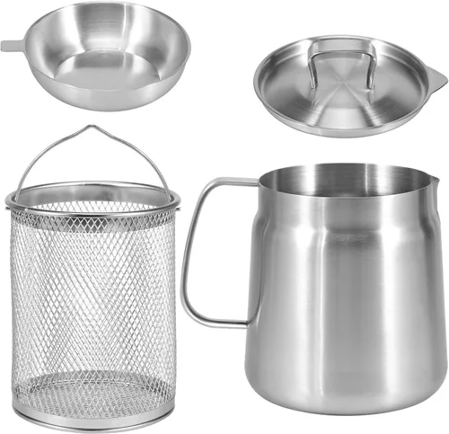 Freidora de acero inoxidable, olla de colador de aceite 2 en 1 de gran capacidad de 53/70 onzas, freidora de acero inoxidable 304 y filtro de aceite