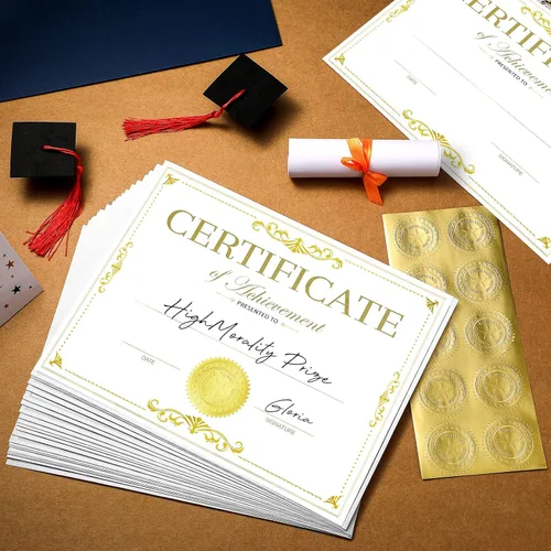 Miniatura 4 de 50 paquetes de papel de certificado de papel de aluminio dorado de 11 x 8.5 pulgadas con 100 piezas de sellos dorados en relieve, sellos dorados