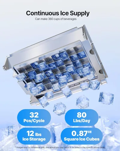 Miniatura 2 de VEVOR Máquina comercial para hacer hielo, 80 libras/24 horas con almacenamiento de 12 libras, 32 cubos por ciclo, máquina de hielo independiente