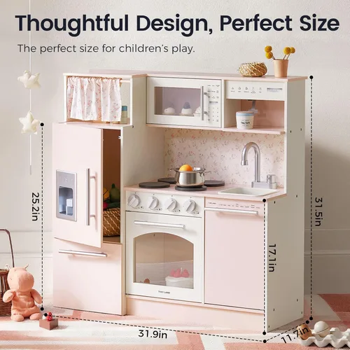 Miniatura 6 de Tiny Land Cocina de juego para niños, juguete de cocina de madera mejorado con áreas de juego completas, juego de cocina de simulación