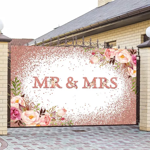 Miniatura 5 de Telón de fondo de boda de 5 x 3 pies con texto en inglés "Mr and Mrs Bridal Shower Fotografía", flores de oro rosa rosa con flores de novia