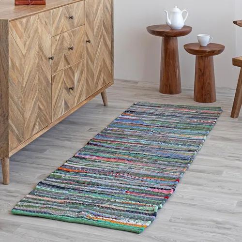 Miniatura 7 de HOMEMONDE Alfombra reversible de trapo de 2 x 6 pies, color verde azulado, de algodón suave, hecha a mano, estilo bohemio, decoración del hogar