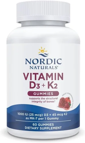 Nordic Naturals Gomitas de Vitamina D3 + K2, Granada - 60 Gomitas - 1000 UI de Vitamina D3 + 45 mcg de K2 - Gran Sabor - Salud Ósea, Promueve la