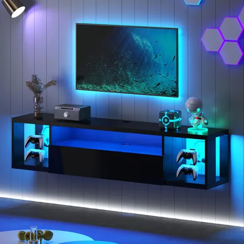 Miniatura 10 de DlandHome Soporte flotante para TV con luz LED, consola multimedia de 39.3 pulgadas, estante flotante para debajo del televisor con estante