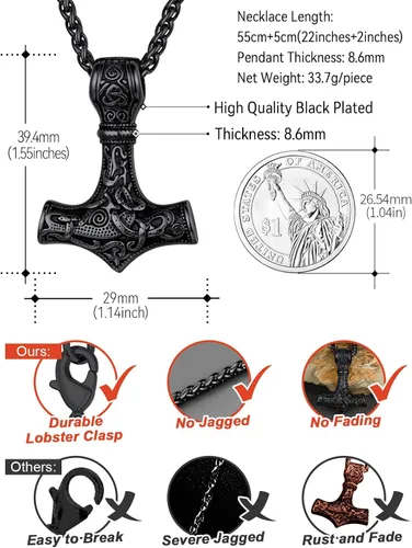 Miniatura 5 de FaithHeart - Collar con talismán de martillo de Thor vikingo para hombre, amuleto nórdico vintage de Mjolnir, colgante con cadena de trigo