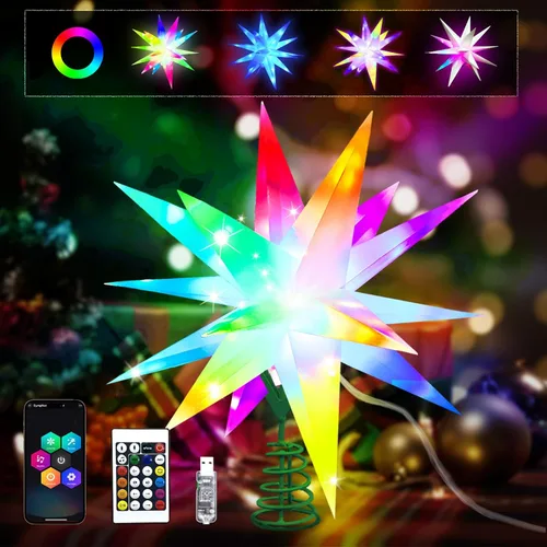 Decoración de árbol de Navidad de 16 Pulgadas, estrella de Navidad RGB con cambio de color, árbol de Navidad iluminado, sincronización de música con