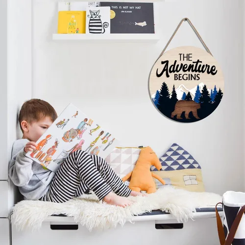 Miniatura 5 de LHIUEM Letrero colgante de madera con texto en inglés "The Adventure Begins", decoración de pared de bosque, con citas inspiradoras de montaña