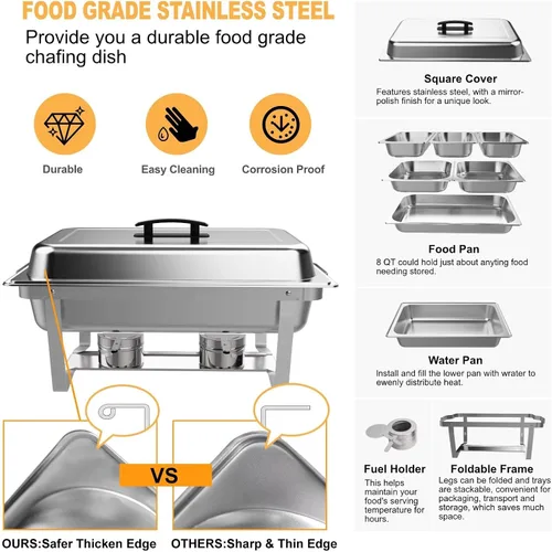 Miniatura 4 de Festa Essential Juego de 4 Platos de Roce para Buffet de Acero Inoxidable 5 QT Redondos y 8 QT Rectangulares, Calentadores de Alimentos con Bandeja