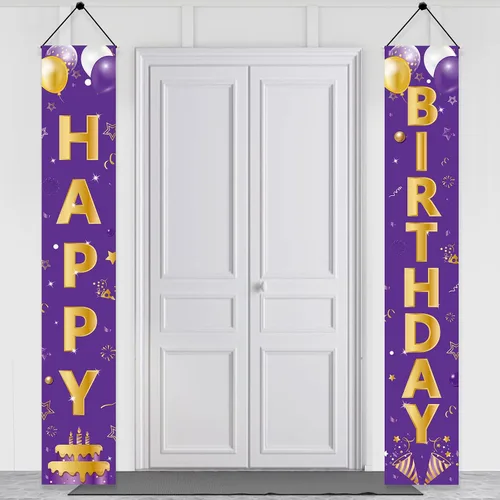 Cartel de feliz cumpleaños dorado morado para puerta, letrero de feliz cumpleaños, suministros de fiesta para niñas y mujeres, 16, 21, 30, 40, 50,