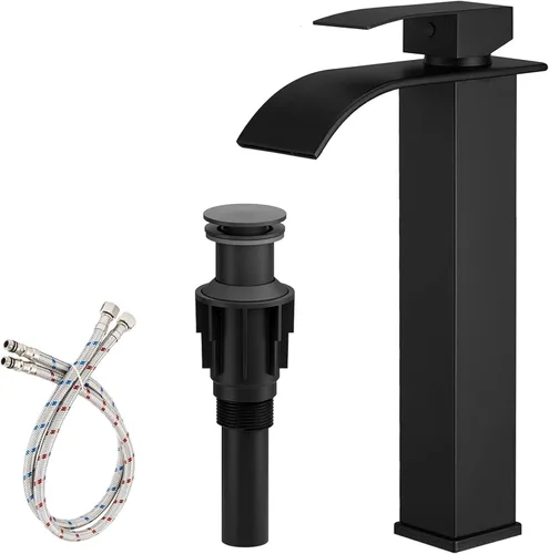 Grifo de fregadero de recipiente con cascada, grifo de baño mate negro de acero inoxidable, alto, de una sola manija, un agujero, montaje en