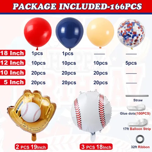 Miniatura 2 de Kit de Guirnalda de Arco de Globos de Béisbol, 166 Piezas Globos Azul Marino Rojo Nude y Confeti con Globos de Papel de Aluminio de Béisbol