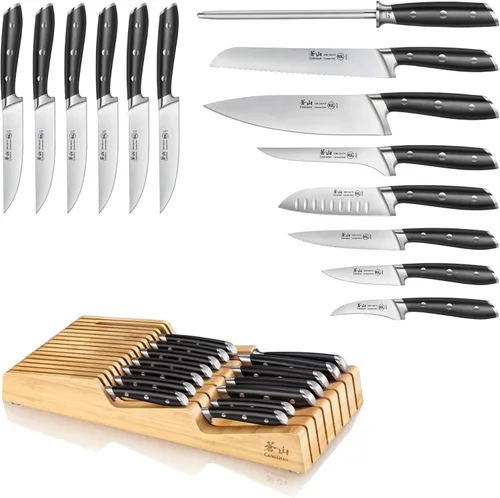 Miniatura 2 de Cangshan ALPS Series 502810 juego de 15 cuchillos forjados de acero alemán con bandeja de bambú, para cajón, (negro)