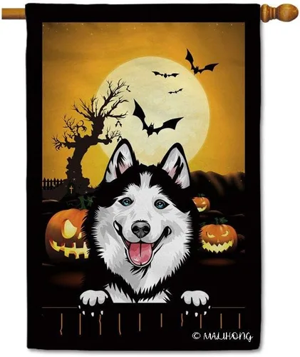 Miniatura 7 de Bandera de jardín de calabaza de Feliz Halloween Jack O'Lantern con perro Rhodesian Ridgeback Halloween Bat Boo Bandera decorativa para patio al