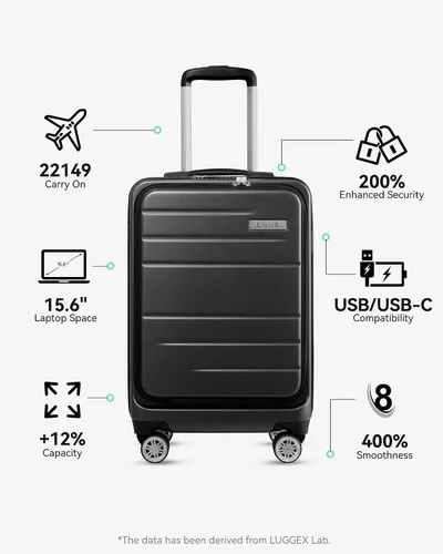 Miniatura 2 de LUGGEX Maleta de mano con bolsillo frontal, maleta rígida de policarbonato expandible con puerto USB, Negro -, Maleta de mano