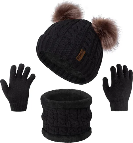 Juego de 3 piezas de gorro de invierno para niños, bufanda y guantes para niñas y niños, gorro de invierno cálido, guantes y guantes para calentar