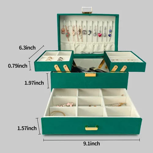 Miniatura 6 de Dajasan Jewelry Box for Women 3 Layers Large Velvet Jewelry Organizer Jewelry Storage Organizer Jewelry Case for Earring Ring Necklace Bracelets