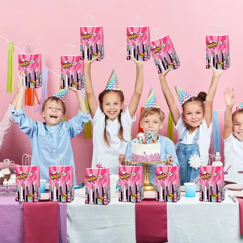 Miniatura 7 de gisgfim 12 piezas de bolsas de suministros para fiesta temática de Super Girl, bolsas de papel para golosinas y tratamientos de cumpleaños
