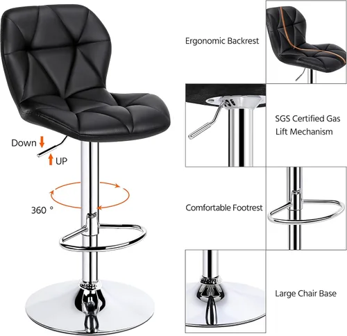 Miniatura 6 de Topeakmart 2 taburetes de bar de cuero PU 360° giratorio bar mostrador silla con respaldo Home Kitchen Bar Taburetes Negro