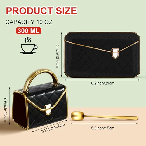 Miniatura 2 de Zubebe 1 juego de taza de café elegante taza en forma de bolso taza moderna de cerámica con cuchara y platillo, taza de té creativa de 10 onzas