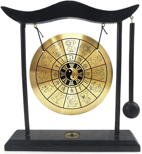 Gong de escritorio de latón de arte zen de Hooshing, feng shui con soporte, decoración asiática para oficina en casa, signos del zodíaco chino