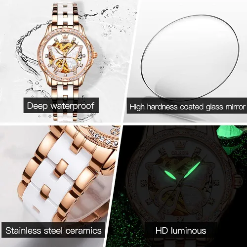 Miniatura 6 de OLEVS Relojes de oro rosa para mujer correa de acero inoxidable de cerámica reloj mecánico automático calendario de puntero luminoso impermeable