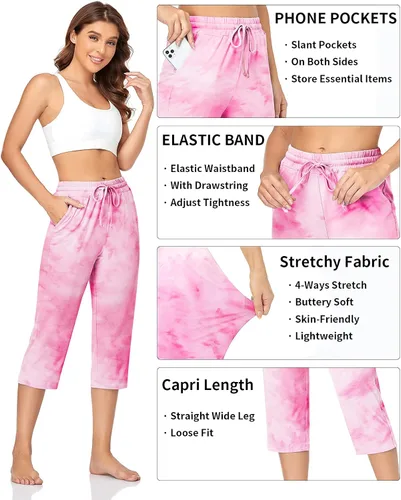 Miniatura 3 de TARSE - Pantalones capri de yoga para mujer, holgados, suaves, con cordón, pantalones deportivos casuales con bolsillos