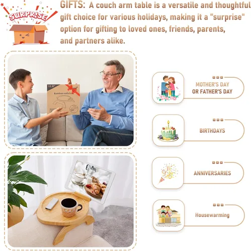Miniatura 7 de SINWANT Mesa de brazo para sofá, bandeja redonda de bambú con clip para sofá con soporte para teléfono de 360°, mesa plegable para reposabrazos