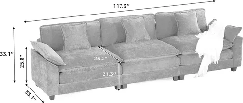Miniatura 2 de Sofá seccional modular negro de 117.3", sofás seccionales grandes de 3 asientos para sala de estar, sofá nube oversized de tela chenille con Negro